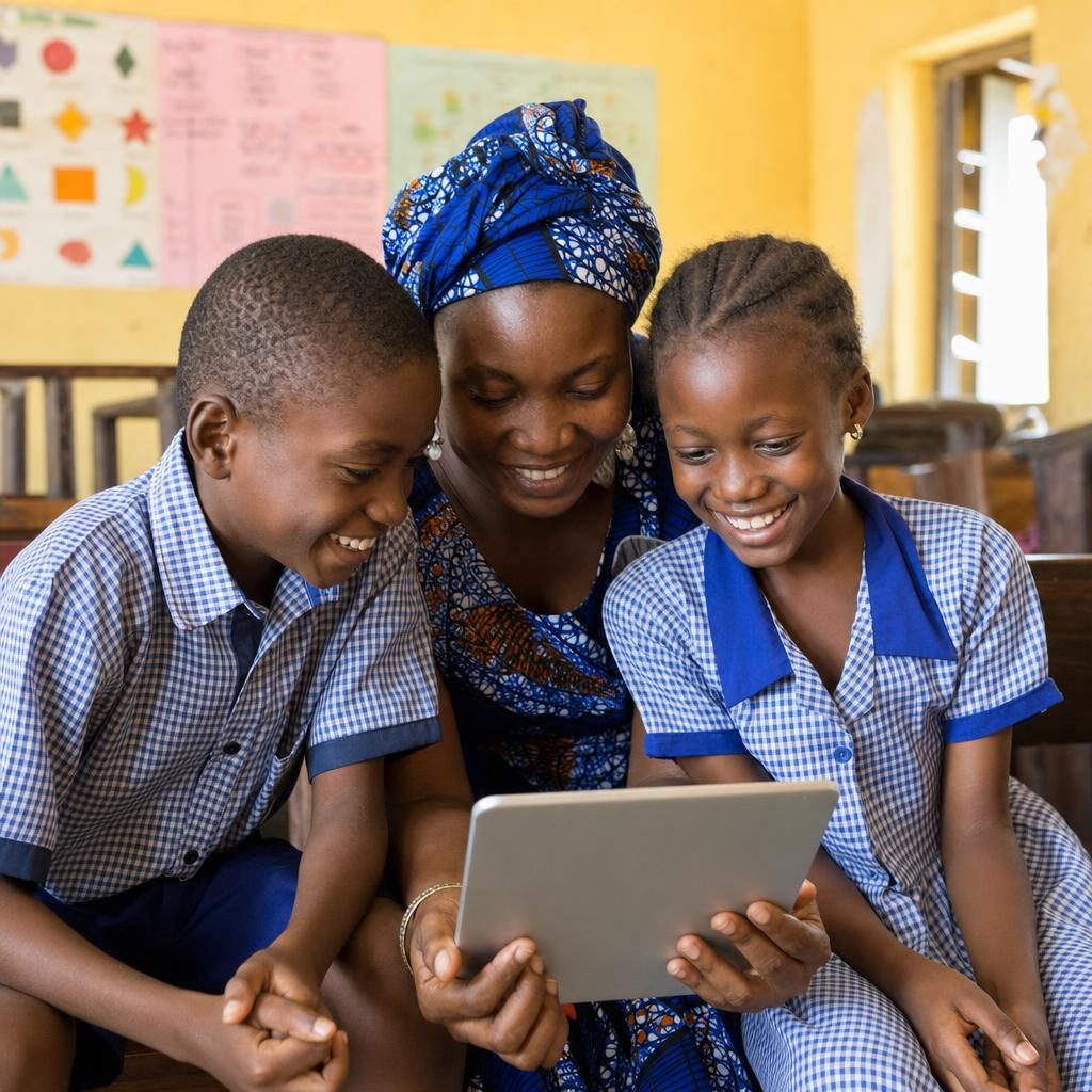 Teacher and pupils learning with a tablet